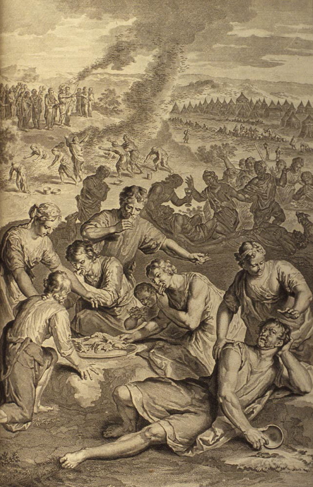 By illustrators of the 1728 Figures de la Bible, Gerard Hoet (1648-1733), and others, published by P. de Hondt in The Hague in 1728 - http://www.mythfolklore.net/lahaye/064/LaHaye1728Figures064NumXI31-34PlagueFromQuailsOnIsrael.jpg, Public Domain, https://commons.wikimedia.org/w/index.php?curid=6890592